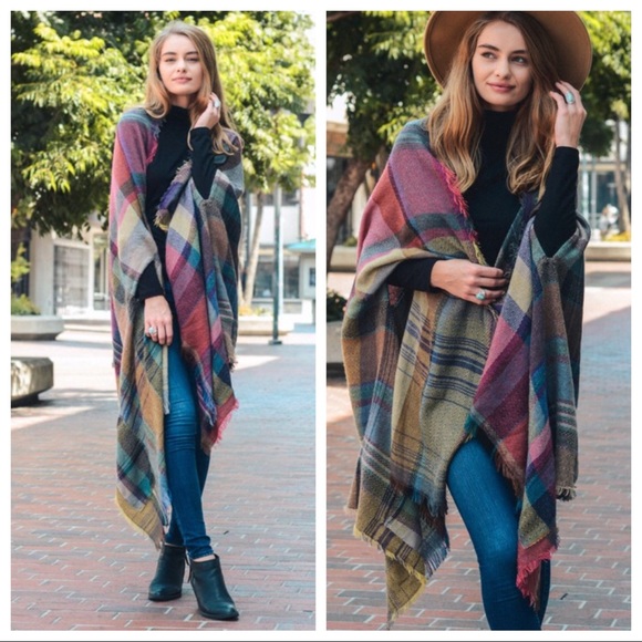 Last 1! 🌟Colorful Plaid Wrap Poncho - Picture 2 of 3